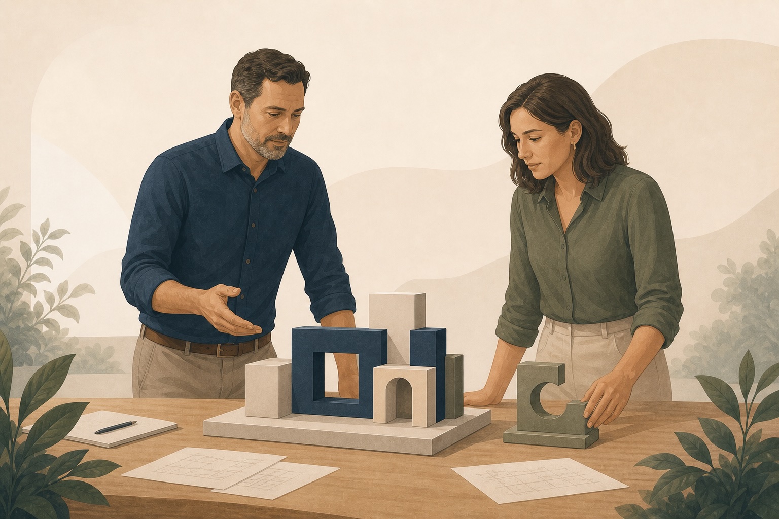 Two people considering an architectural model with a separate component, illustrating bringing a new owner into a business.