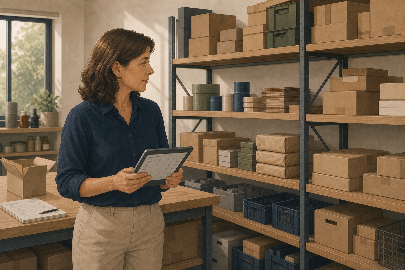 Business owner checking stock on storeroom shelves against records on a tablet.
