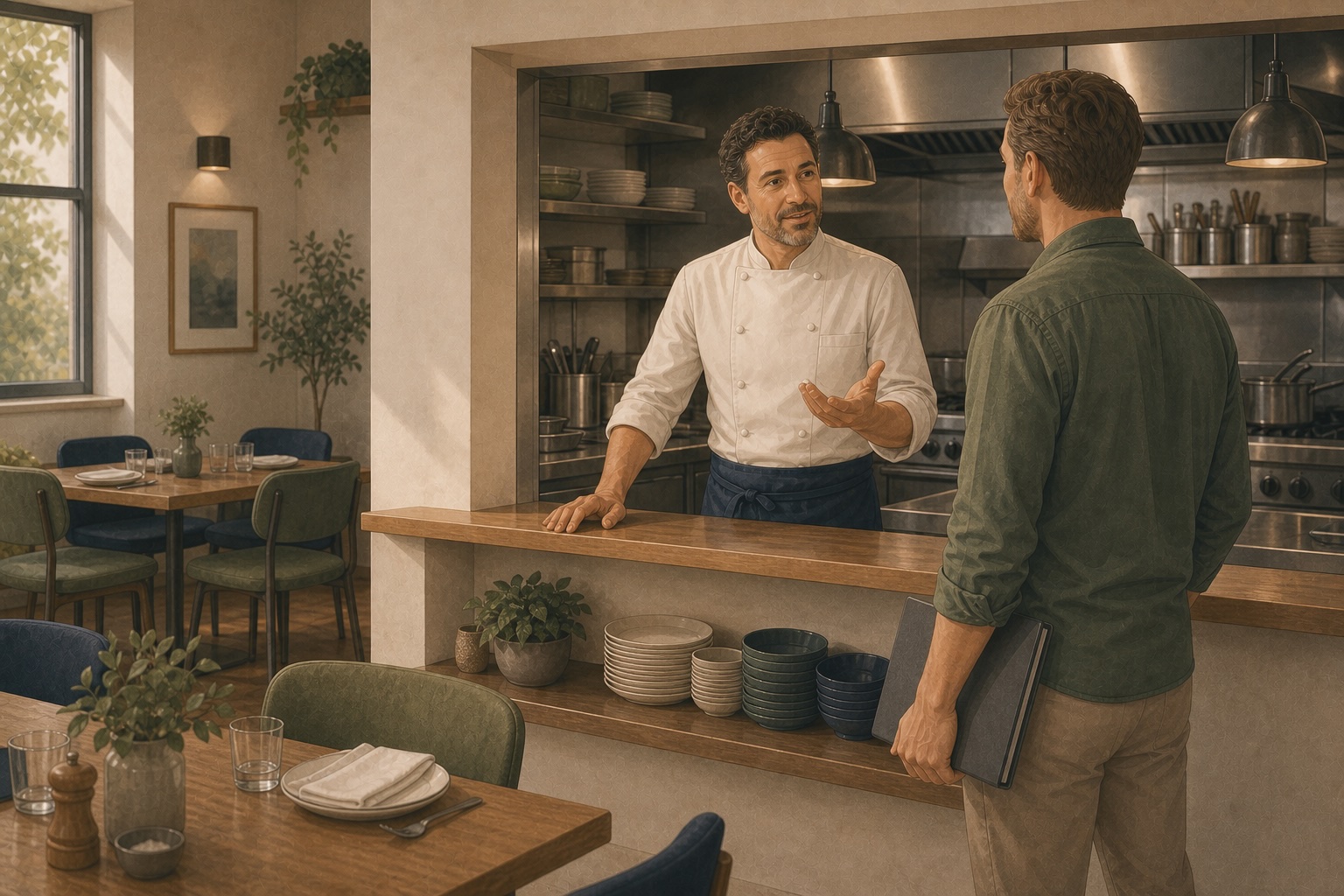 Chef-owner speaking with a prospective buyer across a restaurant kitchen pass, with the dining area visible alongside.
