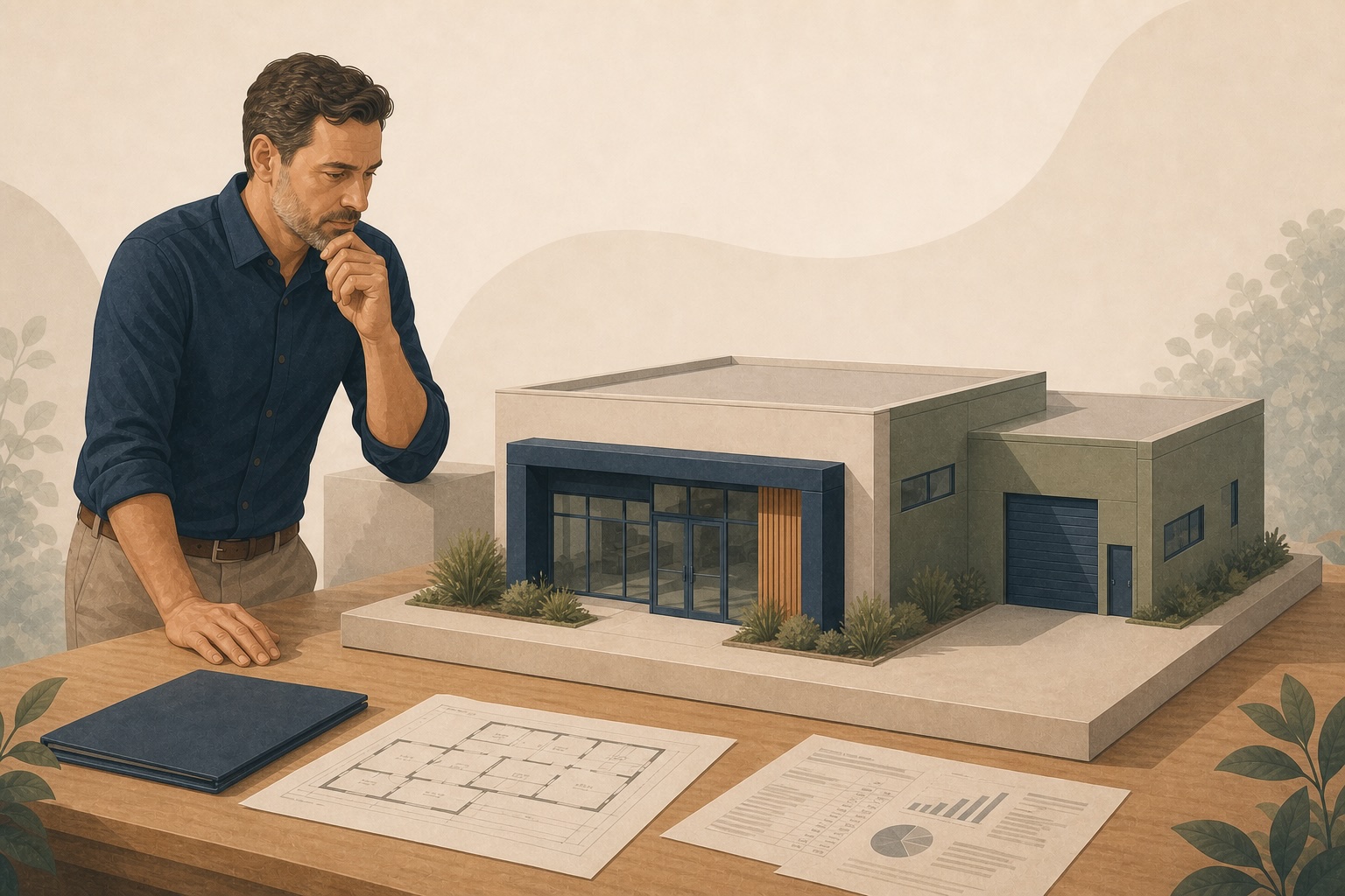 Business owner studying a commercial property model with floor plans and financial papers on the table.