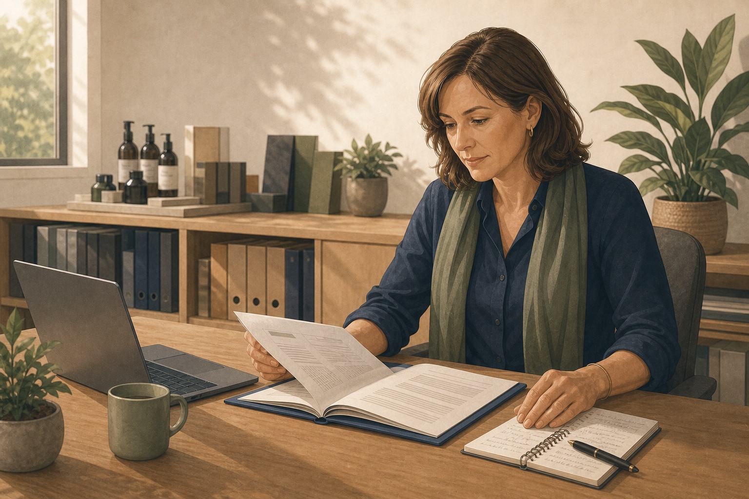 Business owner reviewing documents beside a laptop and notebook in her office, considering a change of accountant.
