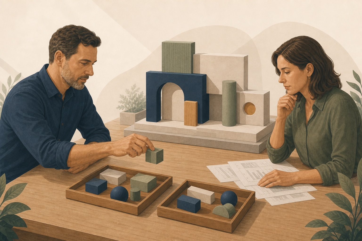 Two people reviewing papers and rearranging blocks beside an intact architectural model, illustrating a change in business ownership.