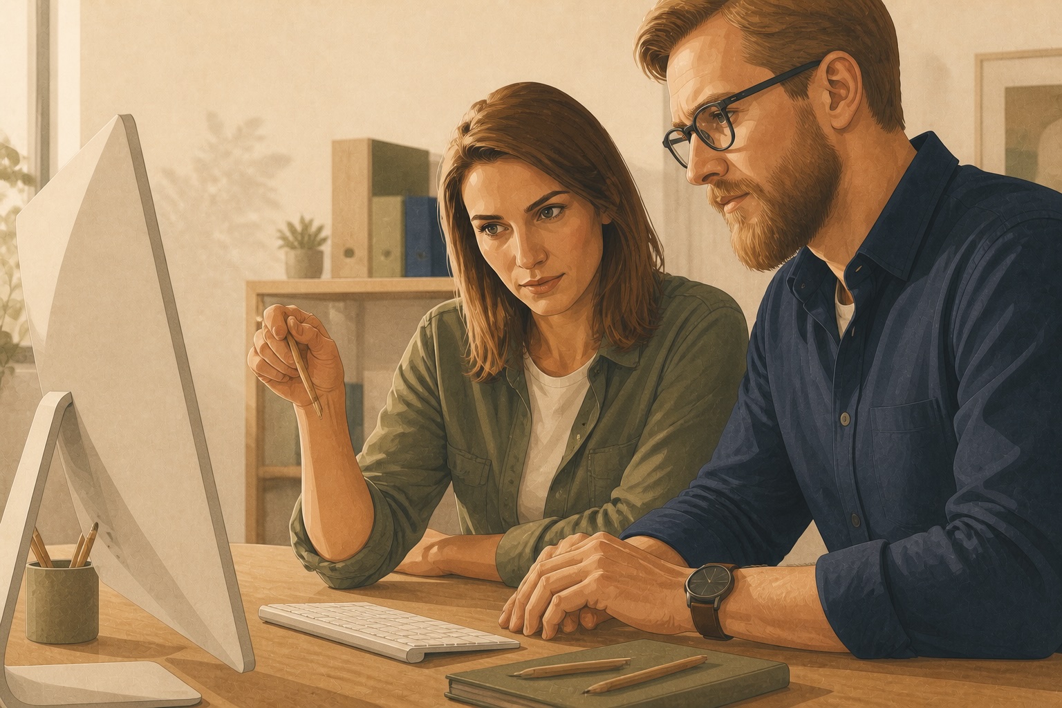 Two business co-owners working side by side at a desktop computer, discussing what is on the screen.