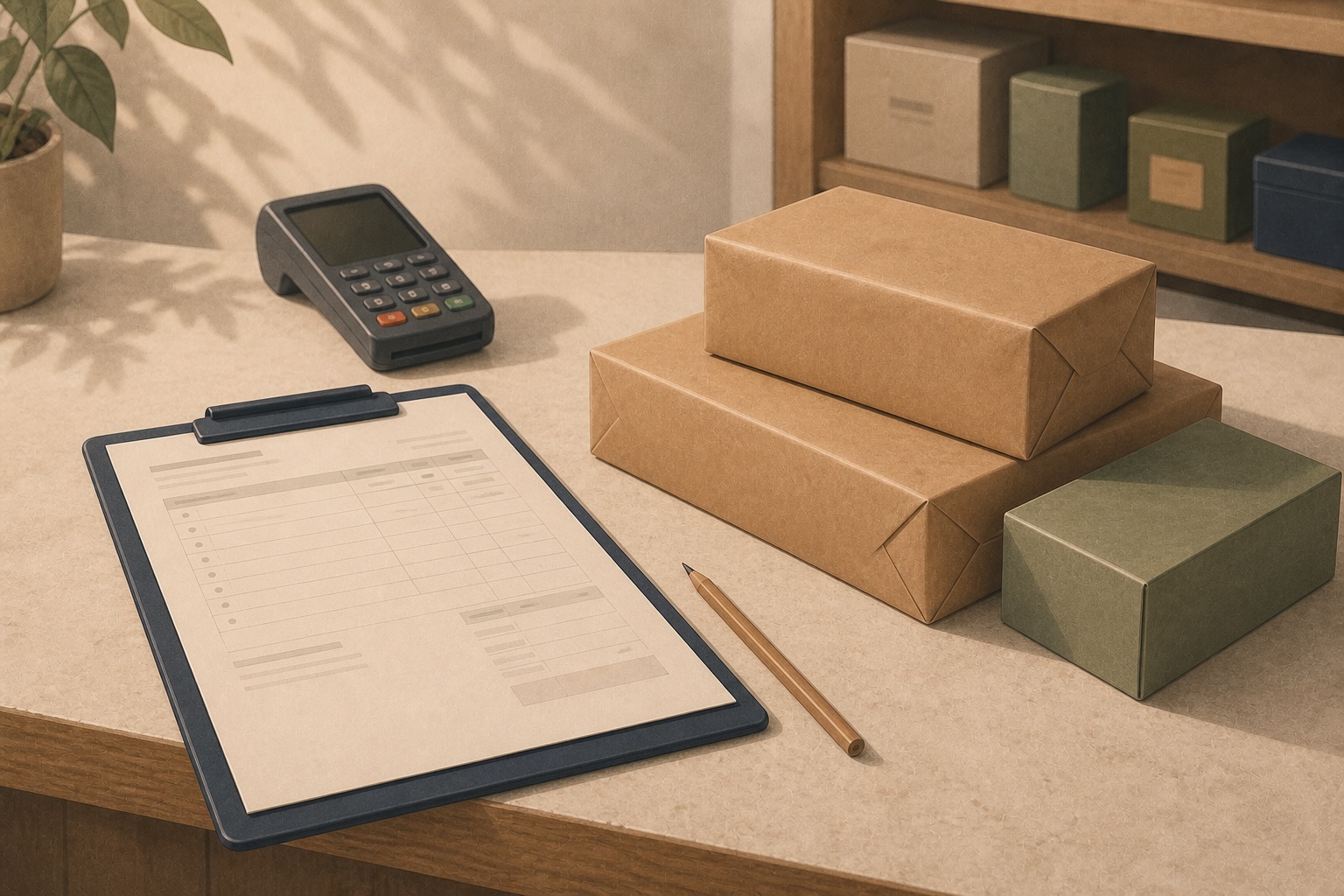 Invoice on a clipboard beside packaged goods and a payment terminal on a business sales counter.