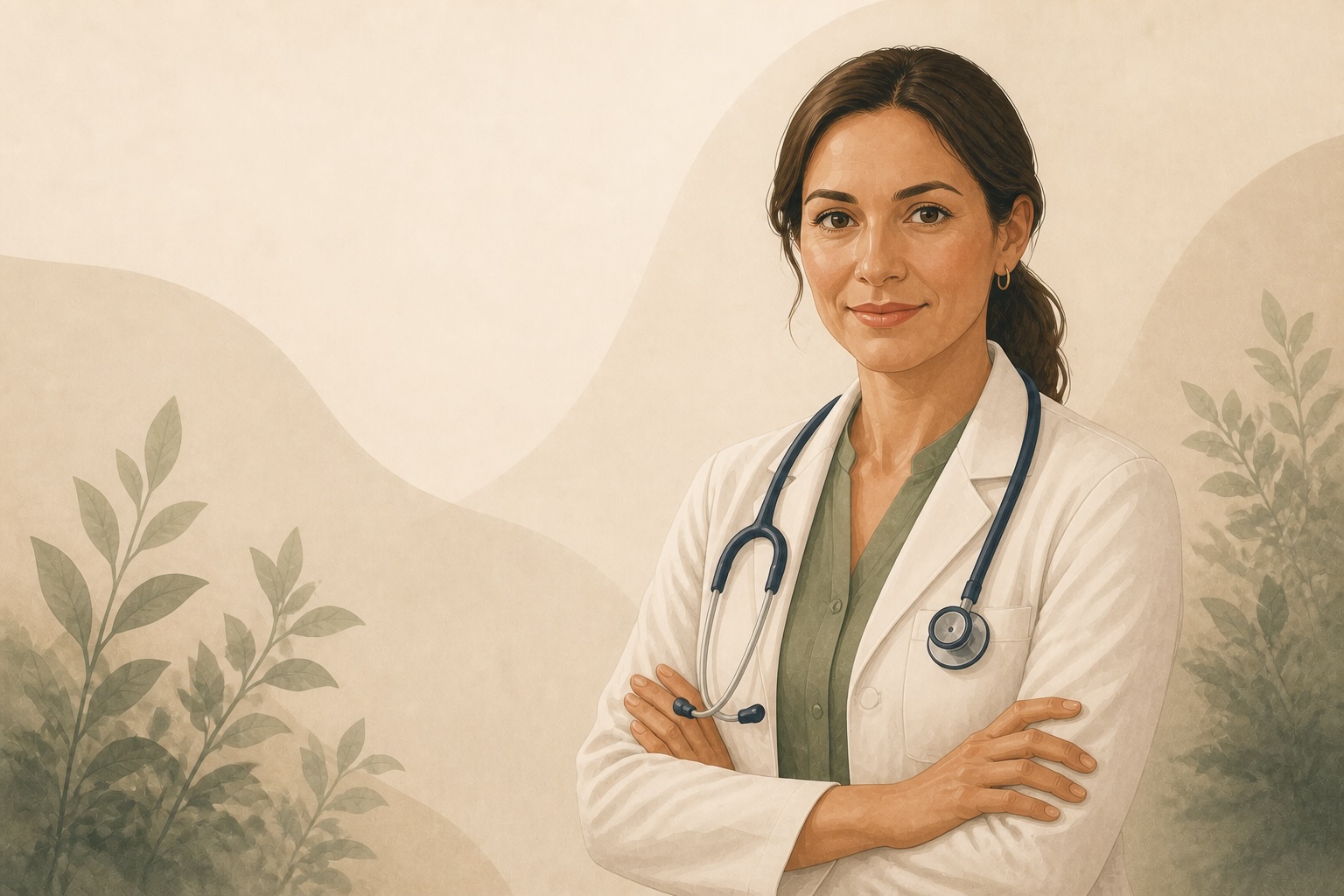 Illustrated portrait of a medical professional wearing a white coat and stethoscope, with arms folded.