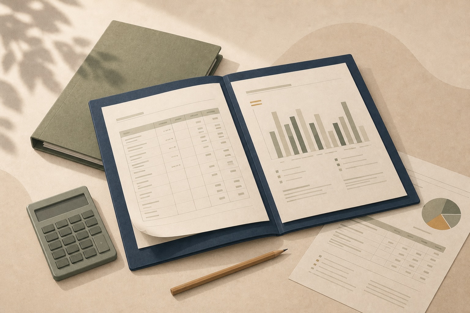Open folder of financial tables and charts beside a calculator and supporting records, illustrating preparation for business finance.