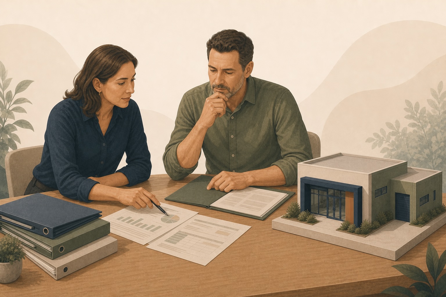 Business owner and adviser reviewing financial records beside a commercial property model, illustrating planning before a sale.