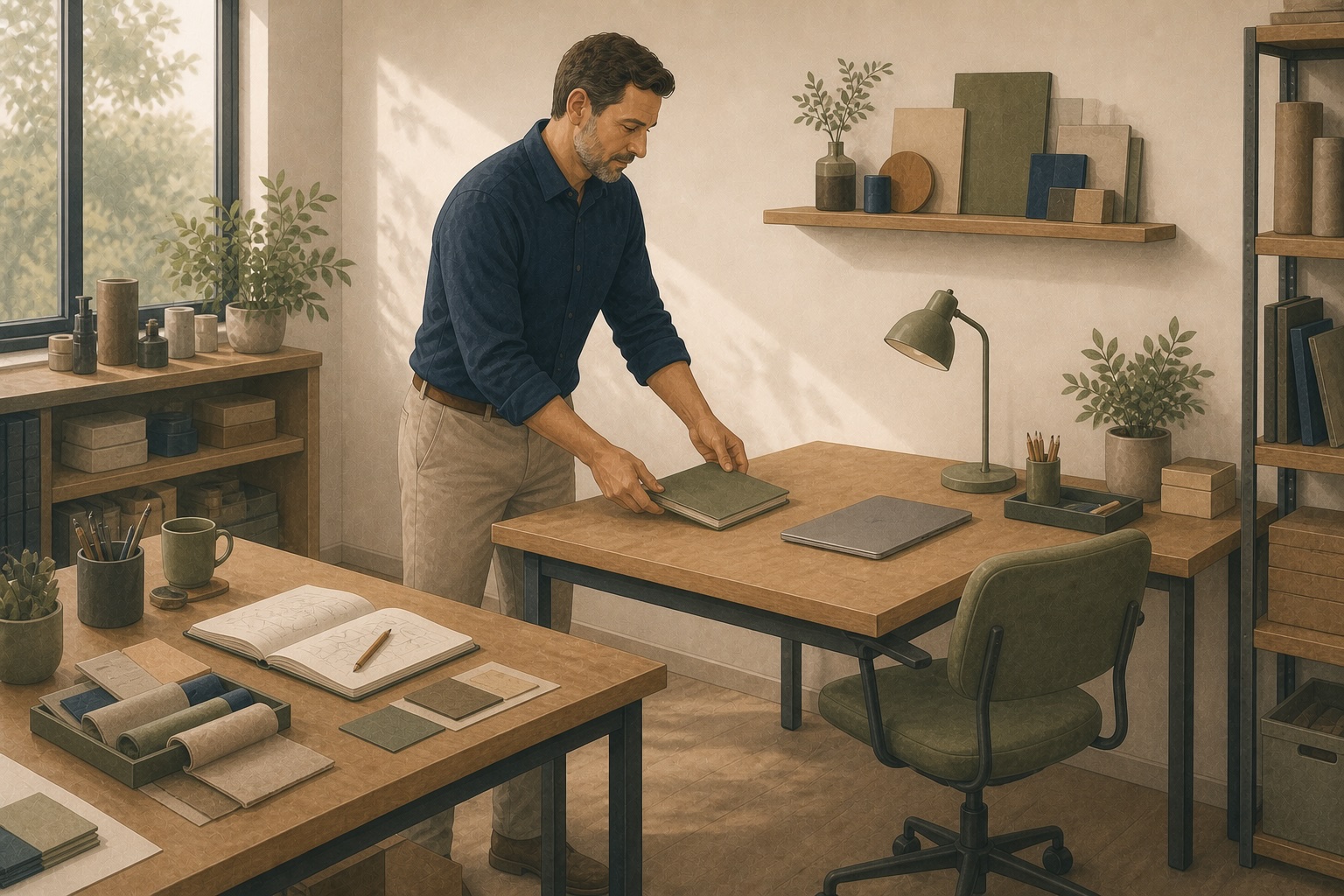 Business owner preparing a second workstation with a notebook, laptop and empty chair for a first employee.
