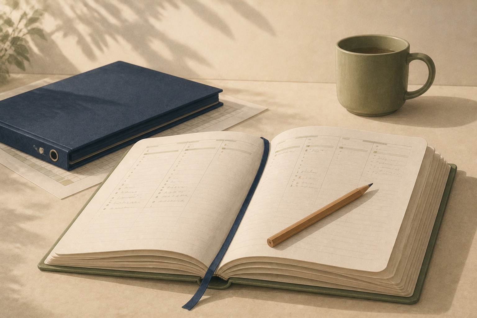Open diary and pencil beside a folder of financial records, illustrating preparation for a year-end tax planning discussion.