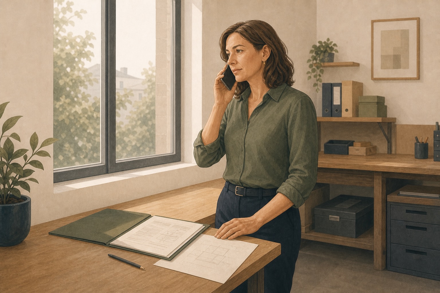Business owner speaking on the phone beside an open proposal folder, illustrating early advice before a major business change.